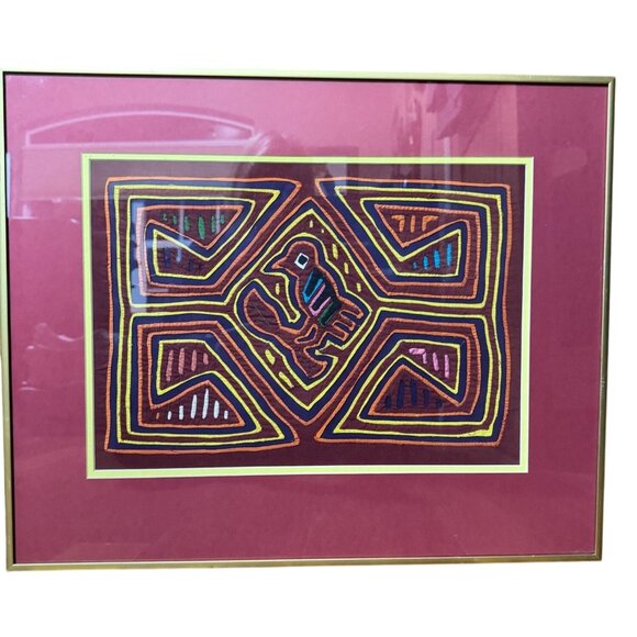 Mola Art of Bird Parrot Reverse Applique by the Kuna Indians Panama Pro Framed - Picture 1 of 5
